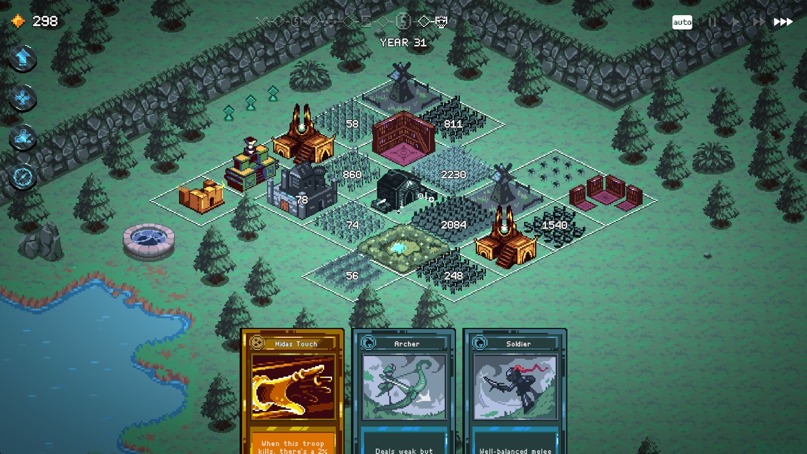 A mid-run kingdom in 9 Kings: nine plots filled with buildings and troops, with a three-card pick waiting below