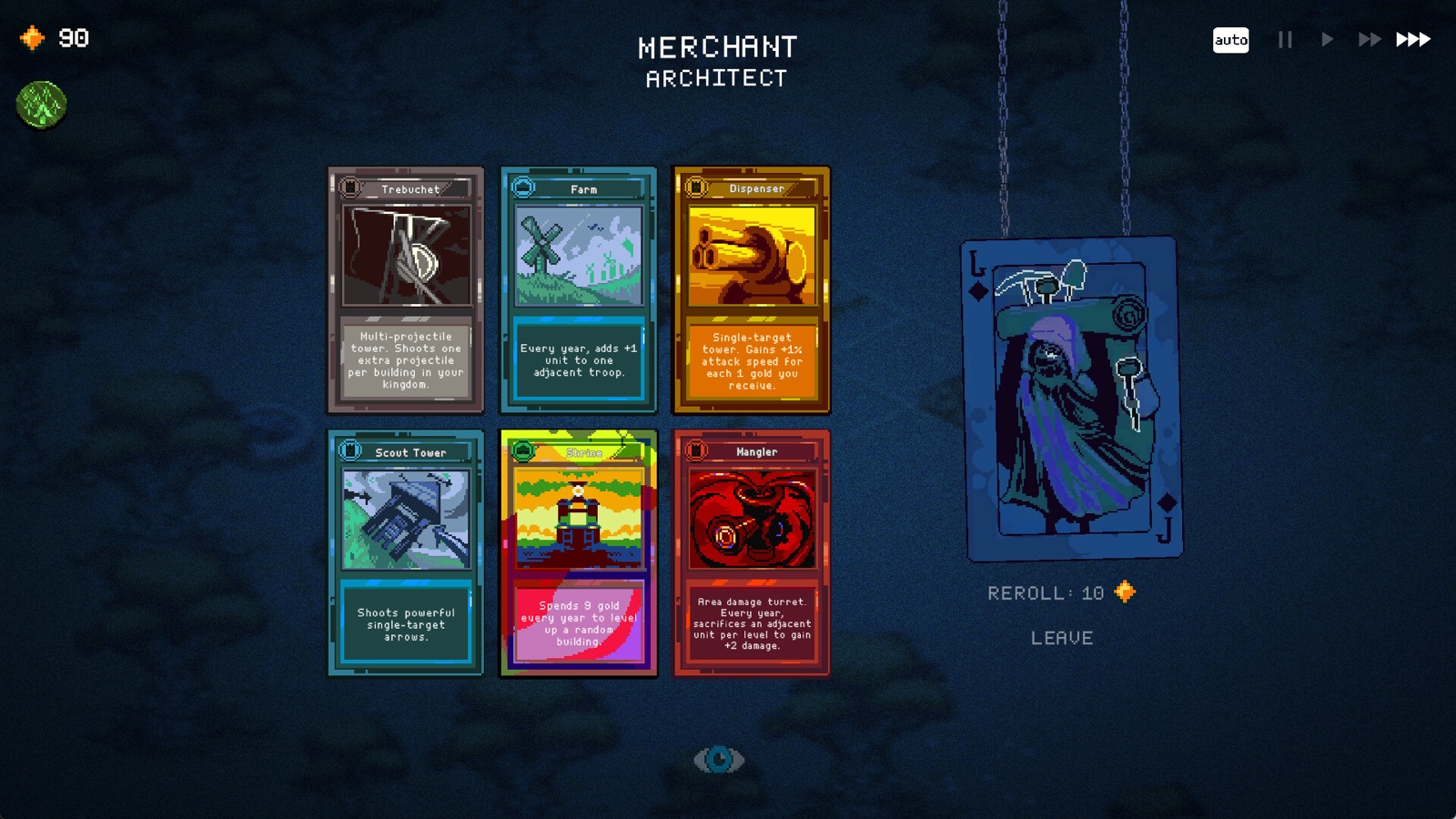 The merchant screen offering six cards and a reroll button