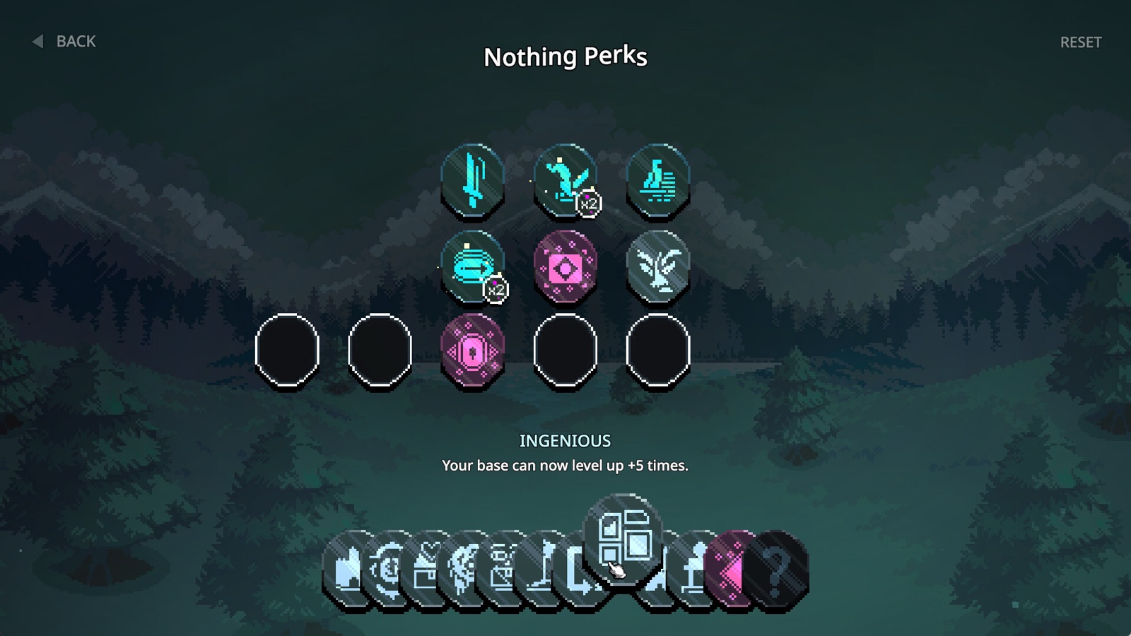 The perk screen for the King of Nothing, with perks slotted and empty circles waiting
